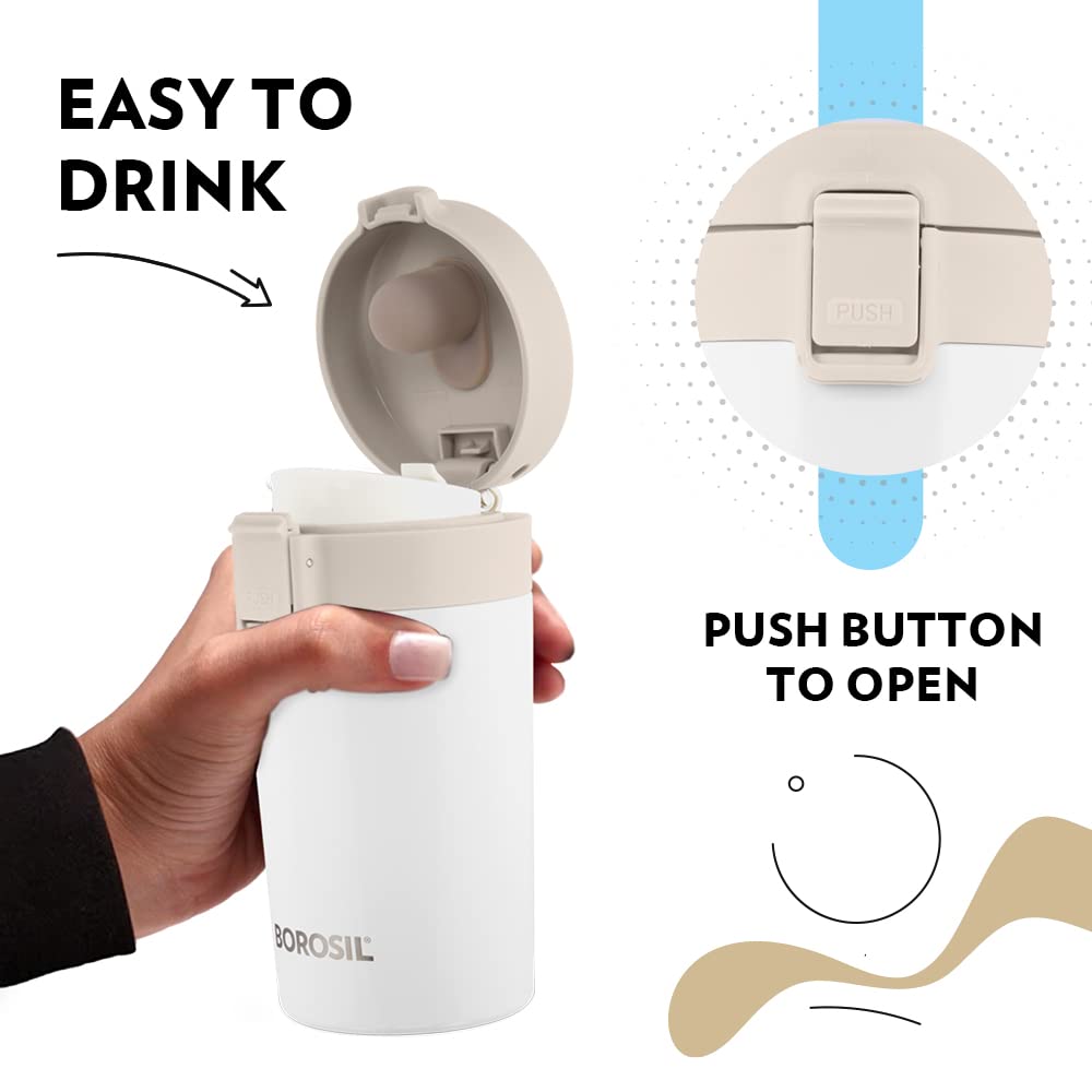 Borosil Coffeemate Insulated Mug, Vacuum Insulated Travel Coffee Mug With Lid, 8 Hours Hot And 14 Hours Cold, 300 Ml, White, Sta